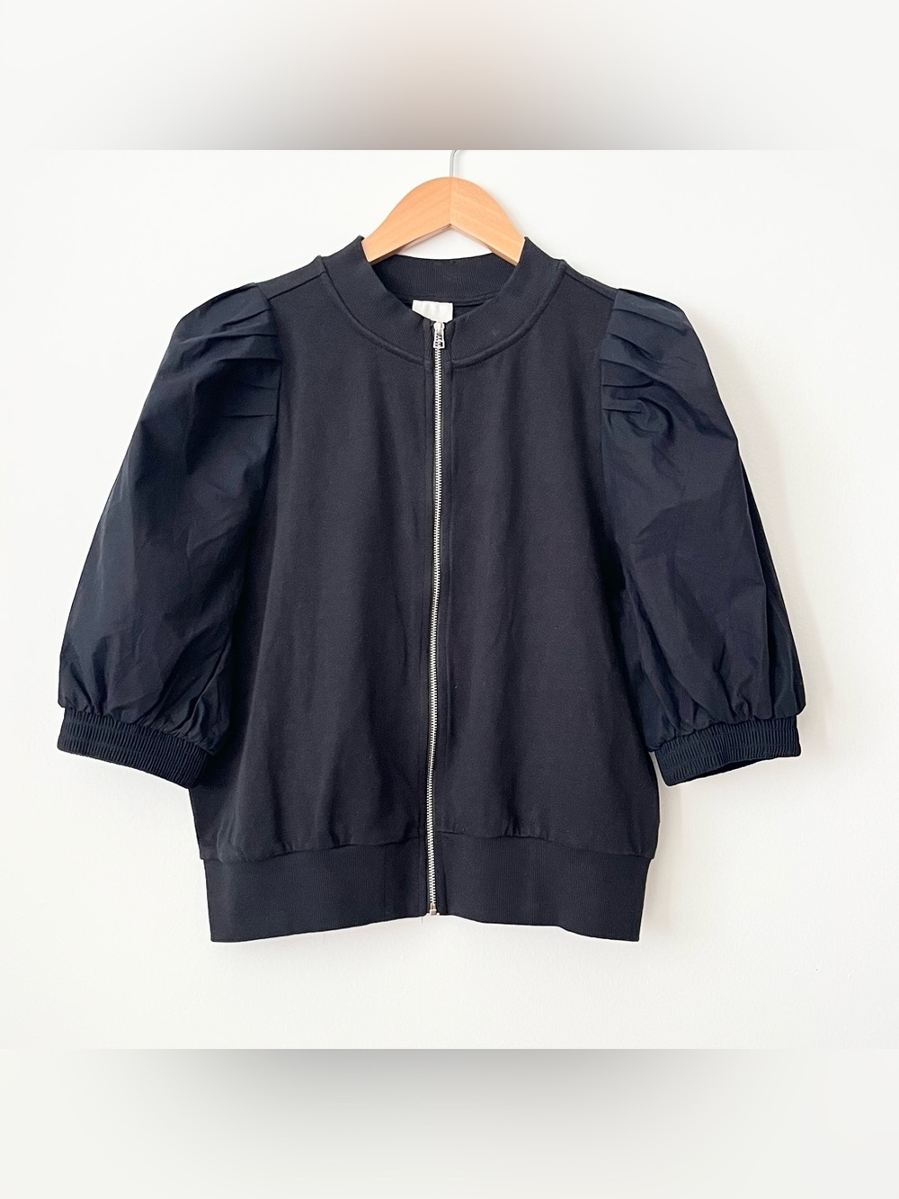 Maeve Women's Puff-Sleeve Bomber Jacket Black Size M Lightweight Mixed Media Zip